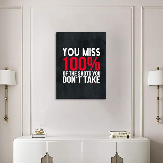 Inspirational Canvas Giclee Office Artwork Inspiring Quotes You Miss 100% Of The Shots You Don’t Take Paintings Pictures Posters Art Print Home Wall Decor for Living Room Gallery Wrapped-18”Wx24”H