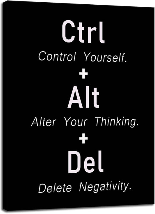 Inspirational Canvas Poster CTRL ALT DEL Signs Motivational Wall decor Printed Artwork Positive Quotes For Office School Living Room Framed [24" W X 36" H]