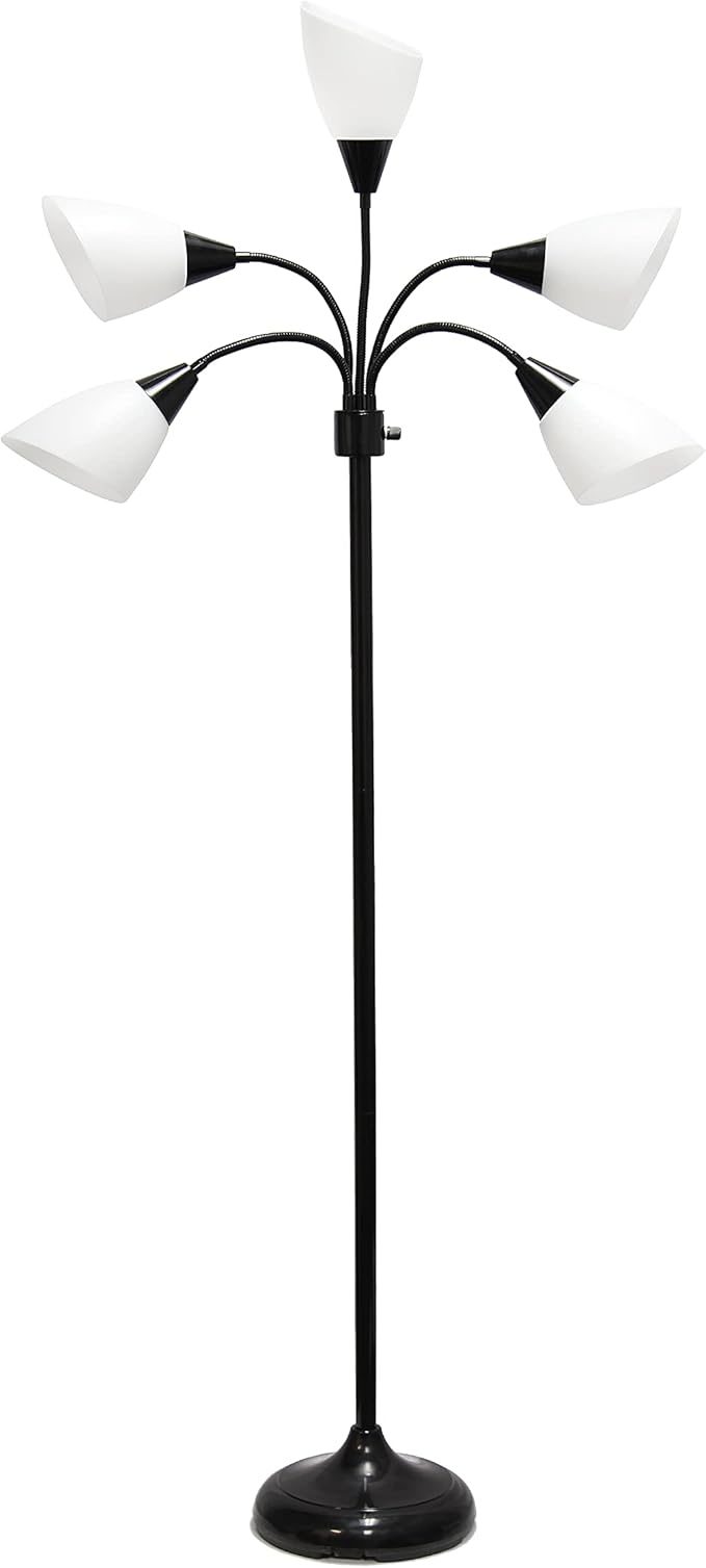 Simple Designs LF2006-BAW 67" Contemporary Multi Head Medusa 5 Light Adjustable Gooseneck Black Floor Lamp with White Shades for Kids Bedroom Playroom Living Room Office (Pack of 2)