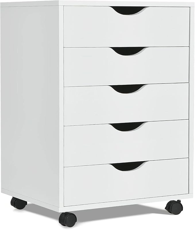 Giantex 5-Drawer Vertical File Cabinet, Mobile Office Storage Cabinet with Drawers, Large Capacity, 2 Lockable Casters and Universal Wheels, Under Desk Side Printer Stand Rolling File Cabinet (White)