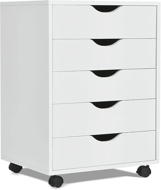 Giantex 5-Drawer Vertical File Cabinet, Mobile Office Storage Cabinet with Drawers, Large Capacity, 2 Lockable Casters and Universal Wheels, Under Desk Side Printer Stand Rolling File Cabinet (White)
