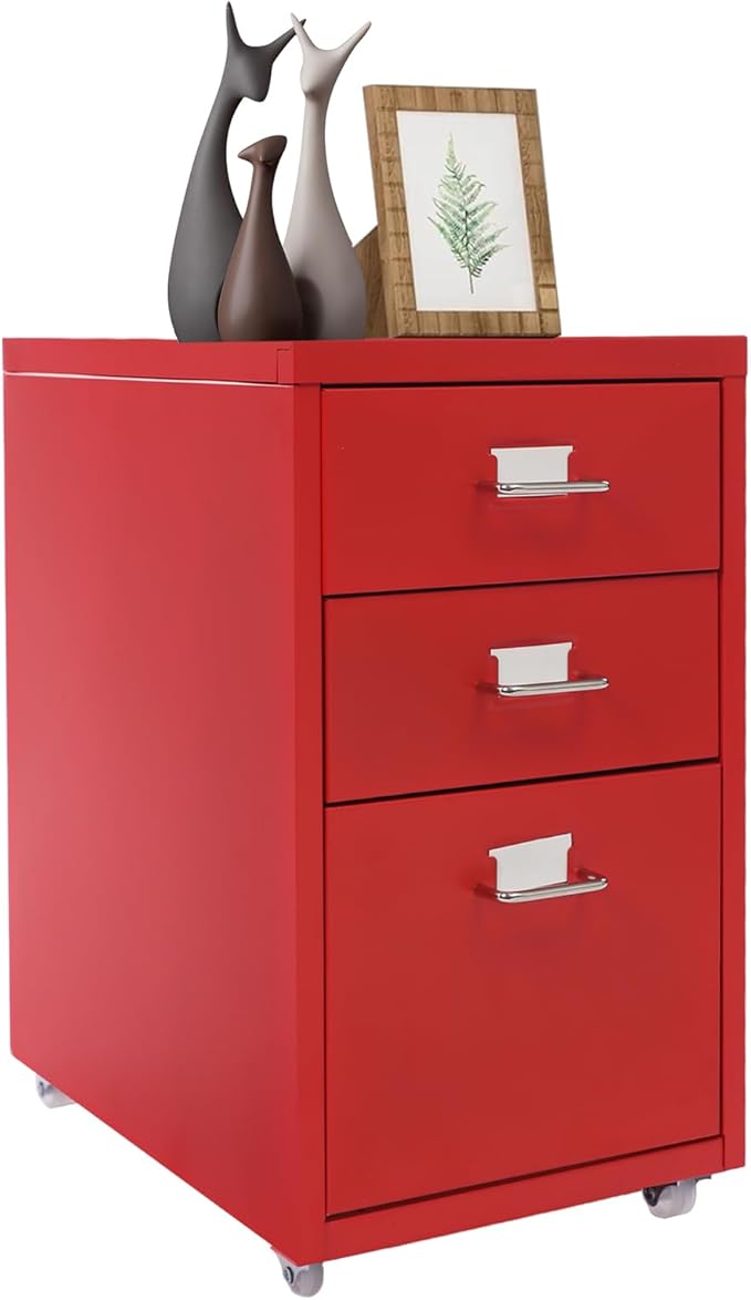 Filing Cabinet with 3 Drawers, Mobile Filing Cabinet with Practical Label Slot, 16 * 11 * 18.9 in Metal Storage Cabinet with Wheels for Home and Office (Red)