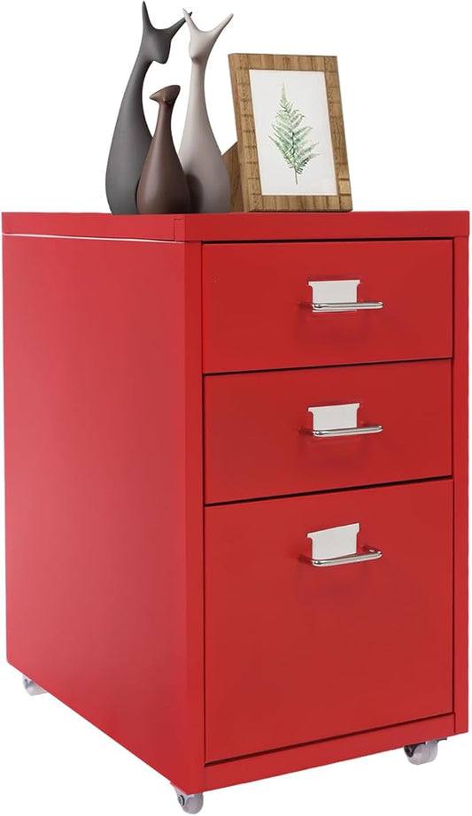 Filing Cabinet with 3 Drawers, Mobile Filing Cabinet with Practical Label Slot, 16 * 11 * 18.9 in Metal Storage Cabinet with Wheels for Home and Office (Red)