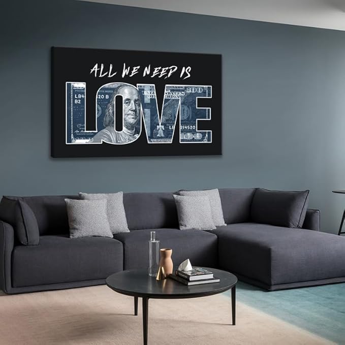 Inspirational Money Dollar Canvas Paintings Wall Art All We Need Is Love (Money) Artwork Modern Home Decor Motivational Framed Office Art Easy to Hang-28x44 inches