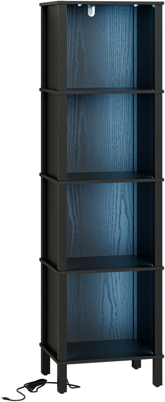Bookshelf with LED Lights, Modern 4-Tier Bookcase, Open Storage Book Shelf, 11 × 14.2 × 50.4 Inches, Small Narrow Bookshelves for Living Room, Home Office, Bedroom, Black