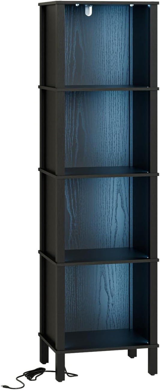 Bookshelf with LED Lights, Modern 4-Tier Bookcase, Open Storage Book Shelf, 11 × 14.2 × 50.4 Inches, Small Narrow Bookshelves for Living Room, Home Office, Bedroom, Black