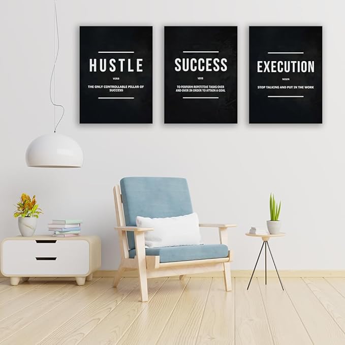 Halioyo Motivational Wall Art, 3 Pane Inspirational Canvas Prints with Positive Saying, Hustle Success Office Wall Decor for Living Room, Bedroom, Workspace, Ready to Hang(12x16 inch)
