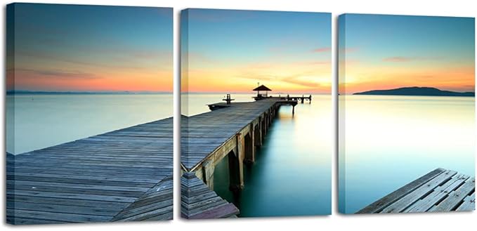 Wieco Art 3 Piece Seascape Canvas Prints Wall Art Sunset Ocean Beach Pictures Paintings for Kitchen Bedroom Home Wall Decorations Bridges over the Sea Modern Stretched and Framed Giclee Artwork