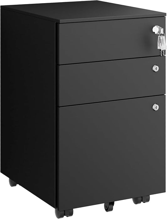 3 Drawers File Cabinet with 3 Lock, Mobile Metal Filing Cabinet, Fully Assembled Except Casters, for Home Office, for A4, Letter, Legal File Folders, Black