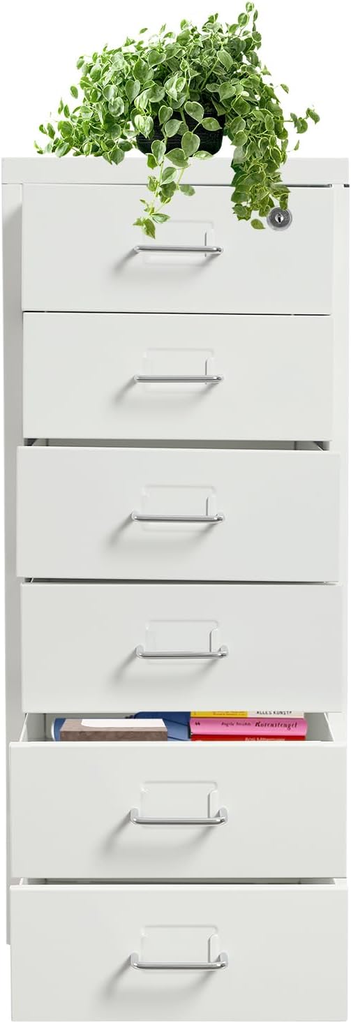 6 Tiers Metal File Cabinet with 6 Drawers Vertical Filing Cabinet with Lock & Wheels Freestanding Locking Storage Cabinet for Home Office, 11 * 16 * 27in (White)