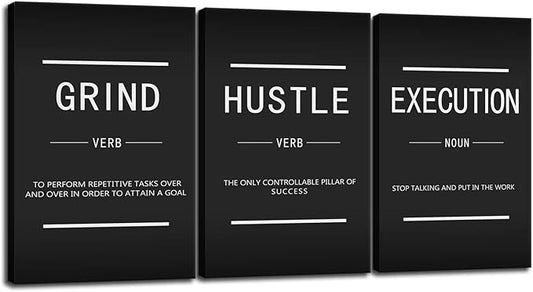 3 Pieces Grind Verb Hustle Verb Execution Noun Inspirational Wall Art Canvas Print Office Decor Inspiring Framed Prints Motivational Quotes for Wall Art Living roomDecor Ready to Hang[72''Wx 36''H]