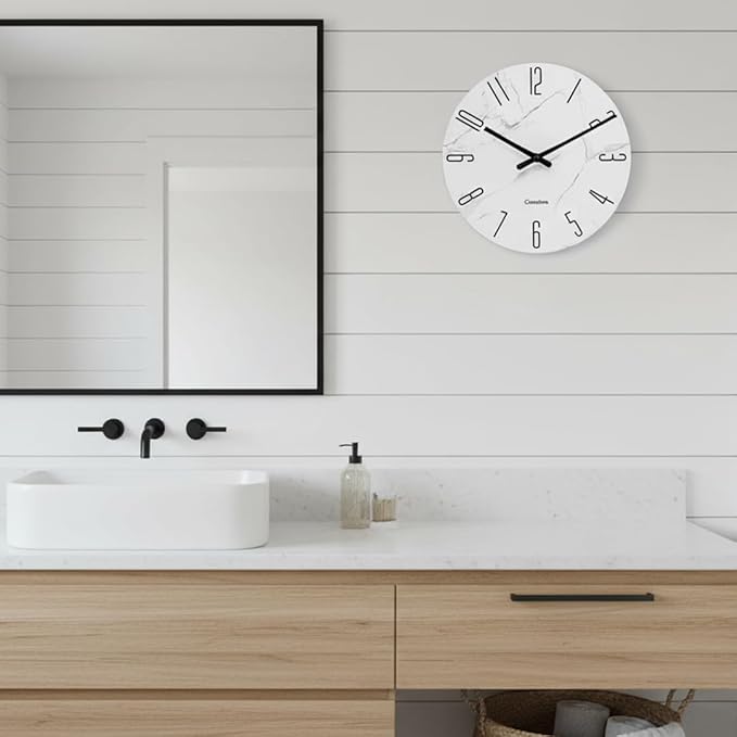 16 Inch Wall Clock White Marble Grain - Battery Operated Silent Modern Farmhouse Decor Quartz Round Analog Clock for Kitchen, Bathroom, Living Room