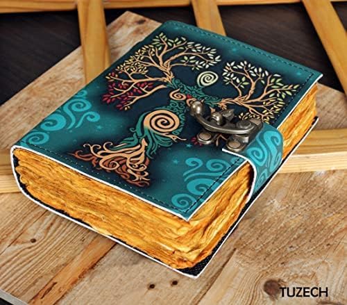 TUZECH Book of Spells Leather Bound Journal Deckle Edge Paper Grimoire Printed Diary Third Eye witchcraft supply and Witch Spell Notebook Antique Vintage Book for Men and Women (Green Lady)