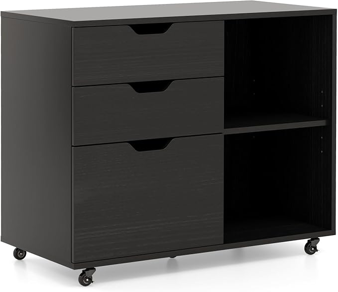 3 Drawer File Cabinet, Wood Lateral Filing Cabinet for Hanging Letter, A4, Legal Size, Rolling Printer Stand with Adjustable Shelf, Under Desk Storage for Home Office (Black)