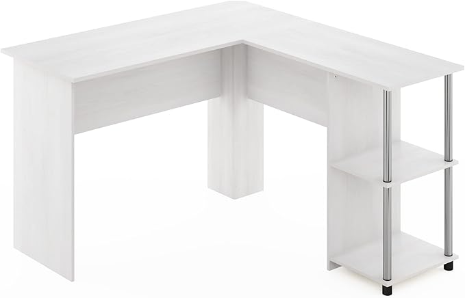 Furinno Abbott L-Shape Computer Desk with Stainless Steel Tubes Bookshelf, White Oak/Chrome
