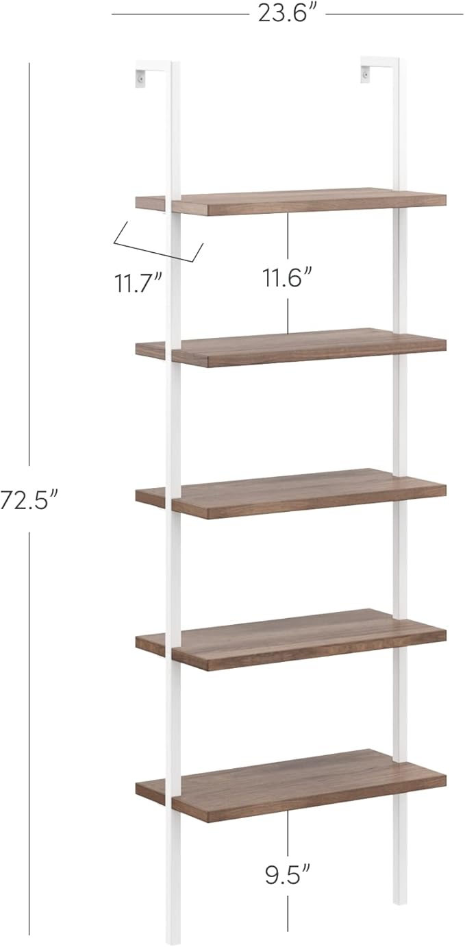 Nathan James Theo 5-Shelf Wood Modern Bookcase, Open Wall Mount Ladder Bookshelf with Industrial Metal Frame, Natural Light Brown/White, Set of 4
