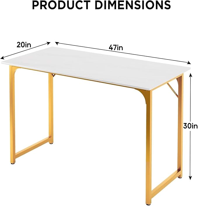 Computer Desk, 48 Inch Office Desk with Metal Frame, Home Office Desk, Modern Simple Style for Home Office, Living Room, Bedroom, White Gold