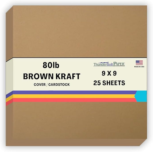 25 Brown Kraft Fiber 80# Cover Paper Sheets - 9" X 9" (9X9 Inches) Scrapbook Album Cover Square Size - Rich Earthy Color with Natural Fibers - 80lb/Pound Cardstock - Smooth Finish