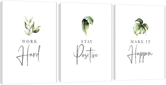 3 Piece Inspirational Wall Art, White Plants Sayings Picture, Quotes "Work Stay Make it" Canvas Prints for Office Decor, Triptych Entrepreneur Framed Artwork for Women Men Home Wall Decor (36"Wx24" H)