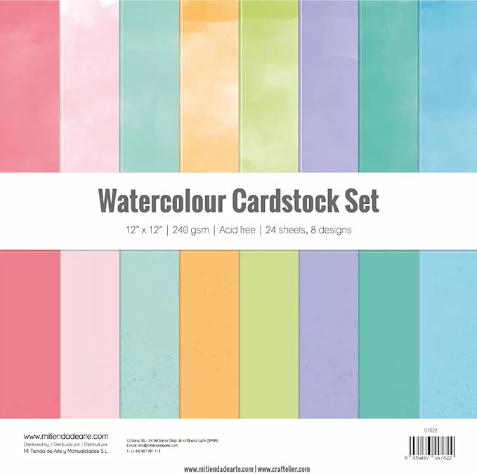 Craftelier - Cardstock Set Watercolour | Pack of 24 Double Sided Cardstock for Cardmaking, Scrapbooking and Craft Projects | Weight 240 grams | Size 30,48 cm x 30,48 cm (12" x 12")
