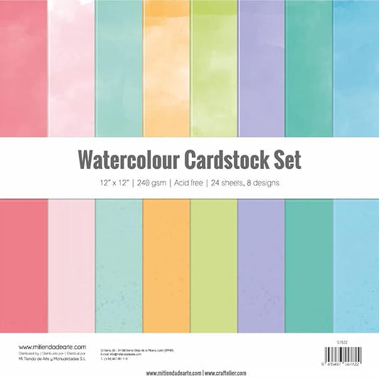 Craftelier - Cardstock Set Watercolour | Pack of 24 Double Sided Cardstock for Cardmaking, Scrapbooking and Craft Projects | Weight 240 grams | Size 30,48 cm x 30,48 cm (12" x 12")
