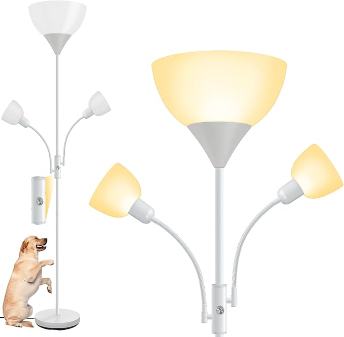 Floor Lamp, Torchiere Floor Lamps for Living Room, 71 Inch Tall Standing Lamp, Bedroom Lamps with Reading Light, Rotary Switch, 3 Plastic Lampshade, Torch Floor lamps for Bedroom (White, No Bulb)