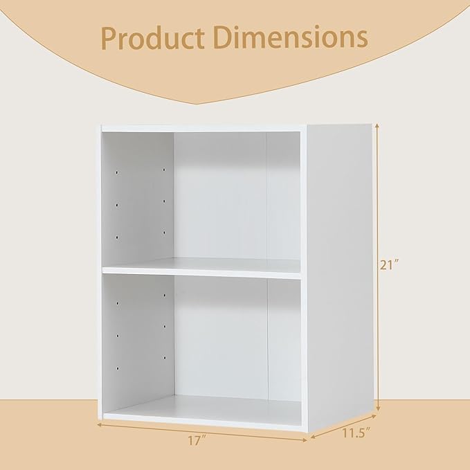 Tangkula 2-Tier Bookshelf, Open Shelf Bookcase with 7-Position Adjustable Shelf, Multifunctional Wooden Cubby Storage Display Shelf for Home Office Study Living Room (White, 2)