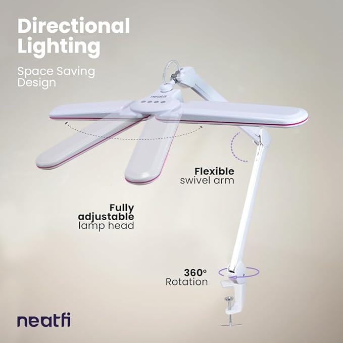 Neatfi Elite HD XL LED Desk Lamp | 3 Light Modes | Non-Polar Dimming | Eye-Caring Desk Light for Home Office, Drafting, Beauty Shop, Workbench (Pink Ring, CCT with Clamp)