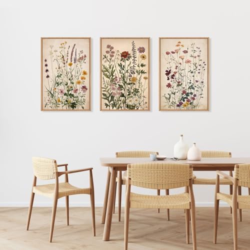 Vintage Wildflower Watercolor Framed Canvas Wall Art Set, Retro Flower Botanical Wall Decor, Colorful Floral Wall Painting, Flower Illustration Art Prints for Living Room, Bedroom 24"x36"x3