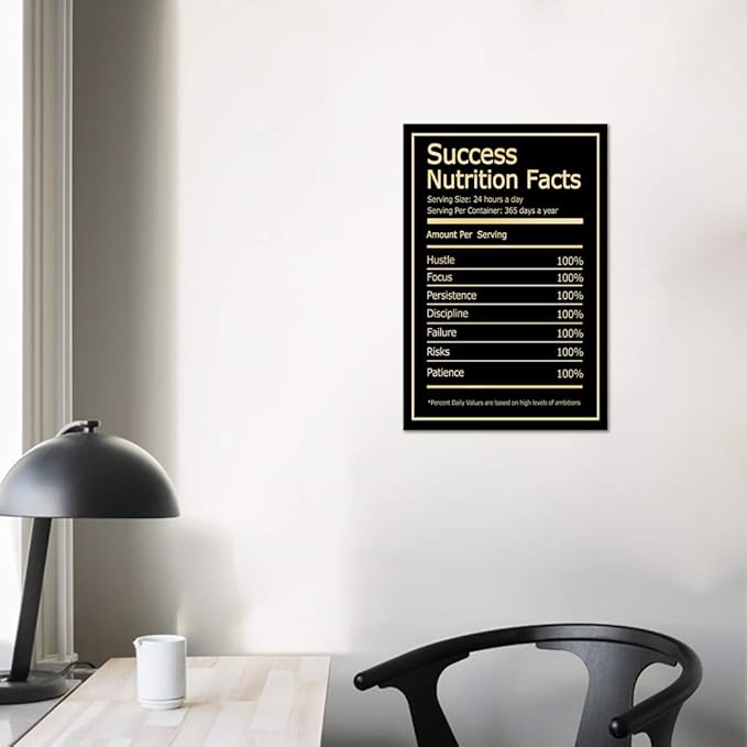 Modern Inspirational Picture Wall Art Black Success Nutrition Facts Motivational Quote Painting Prints on Canvas Artwork Stretched by Wooden Frame Easy to Hang for Home Office Decor - 12''W x 16''H