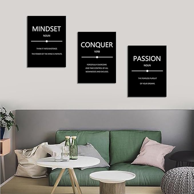 Unbruvo Motivational Wall Decor for Office, 3 Pieces Inspirational Canvas Wall Art, Mindset Passion Conquer Canvas Poster, Positive Quotes for Entrepreneur Meeting Room Lobby Bedroom(60''Wx 28''H)
