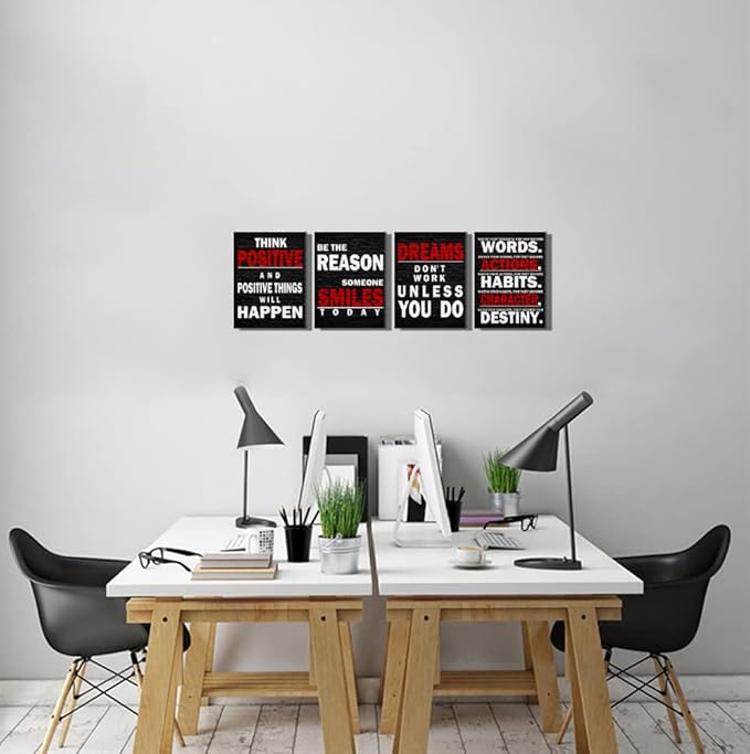 Motivational Wall Decor Art Red Black Gym Office Wall Art Inspirational Poster Quote Framed Positive Canvas Wall Art for Office Bedroom Dorm Wall Decor Sign Boys Girls Room 12"x16", 4pieces