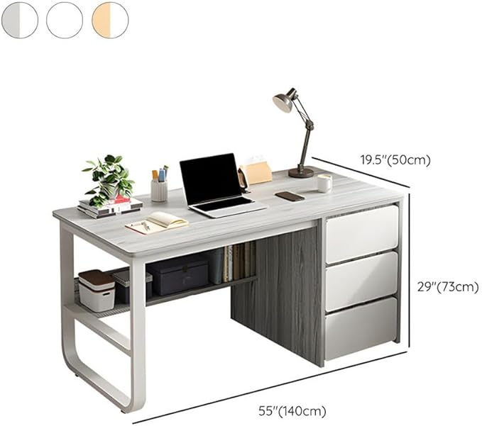 NIUYAO Small Computer Desk with 3-Tier Drawers Modern Writing Table Storage Shelves Work Desk PC Table Home Office Corner Study Desk Without Chair (Wood, 55" L x 19.5" W x 29" H)