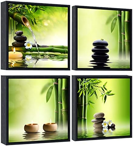 Pyradecor 4 Panels Framed Canvas Wall Art Contemporary Zen Canvas Prints Perfect Bamboo Green Pictures Paintings Artwork for Home Office Decorations