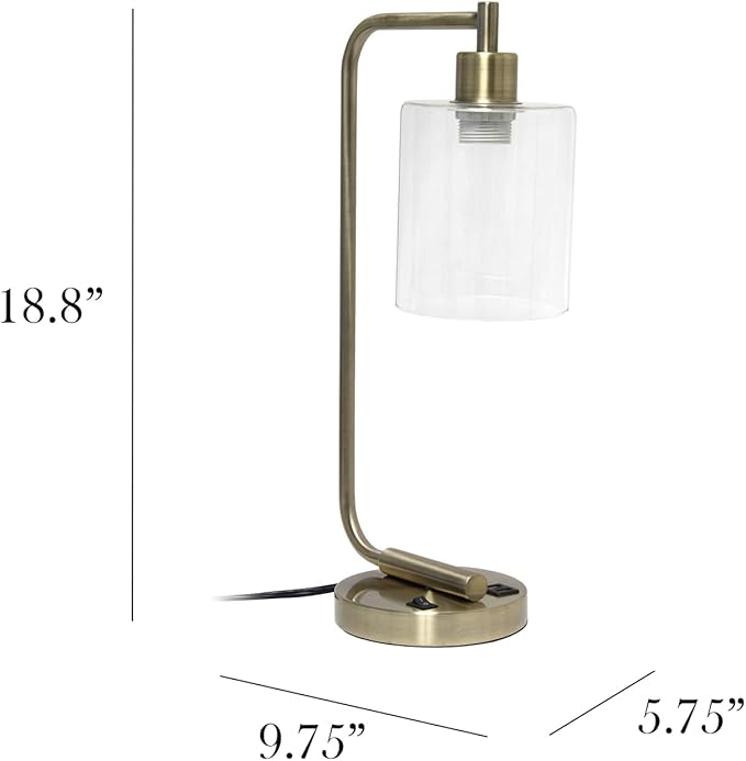 Simple Designs LD1066-RGD Bronson Antique Style Industrial Iron Lantern Desk Bedside Table Lamp with Dual 2 USB Charging Ports and Glass Shade, Rose Gold