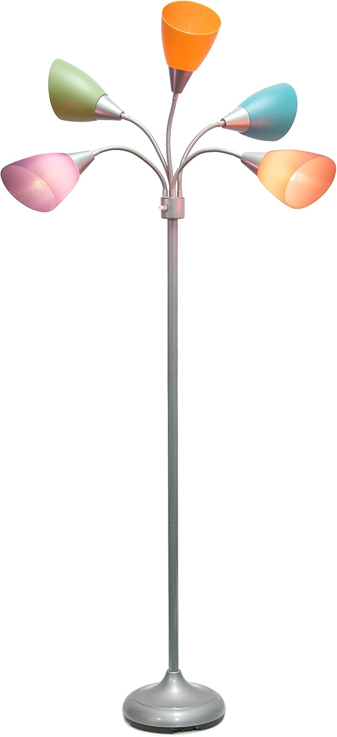 Simple Designs LF2006-SLM 67" Contemporary Multi Head Medusa 5 Light Adjustable Gooseneck Silver Floor Lamp with Fun Light Multicolored Shades for Kids Bedroom Playroom Living Room Office