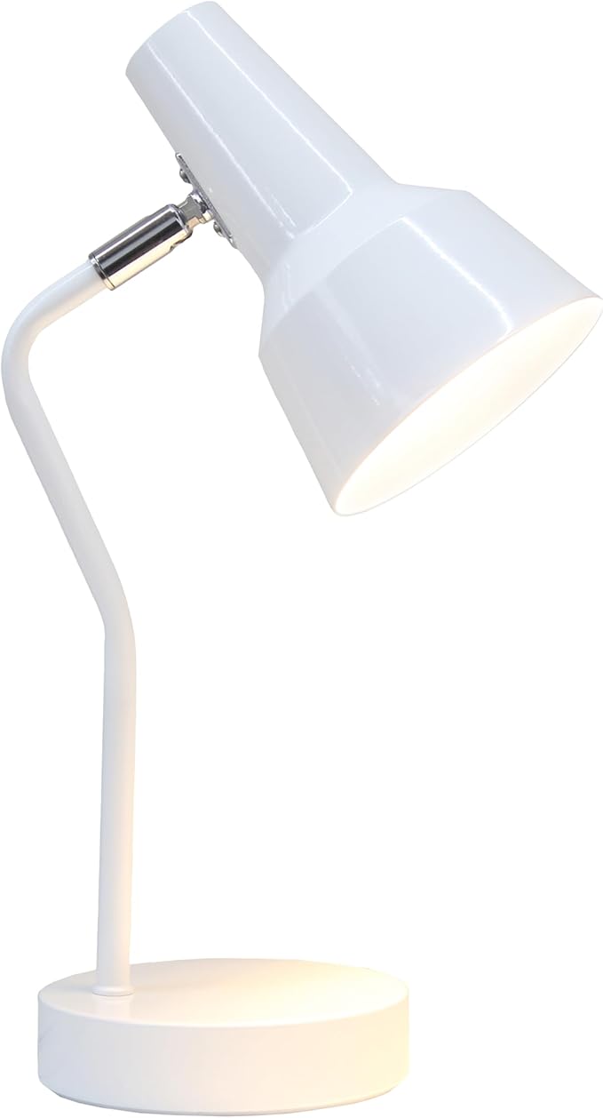 Simple Designs LD1078-WHT 15.2" Sleek Essentials Metal Cone Shade Desk Lamp with Adjustable Shade, for Office, Desk, Nightstand, Dorm, White