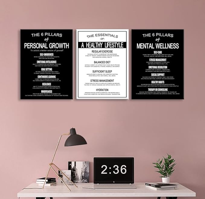 Motivational Wall Decor The 6 Pillars of Personal Growth, Mental Wellness & Healthy Lifestyle Posters - Set of 3 Inspirational Wall Art Prints for Office Home Gym Framed [36''Wx 16''H]