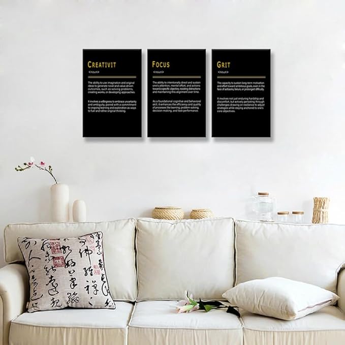 Motivational Wall Art CREATIVITY FOCUS GRIT Noun 3 Pieces Positive Canvas Poster Inspirational Quotes Decor that Drive Success for Office Home Bedroom Workplace Framed Ready to Hang [48''Wx 24''H]