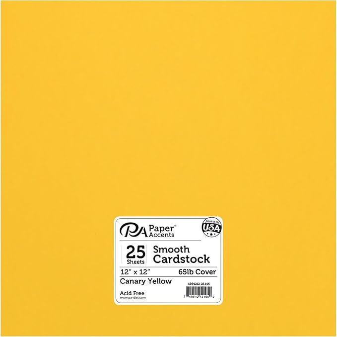 PA Paper Accents Cardstock Pack 12" x 12" Canary Yellow, Smooth, 65lb colored cardstock paper for card making, scrapbooking, printing, quilling and crafts, 25 pieces
