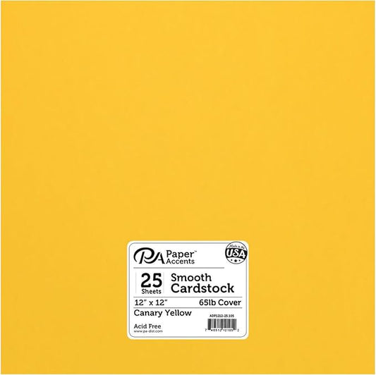 PA Paper Accents Cardstock Pack 12" x 12" Canary Yellow, Smooth, 65lb colored cardstock paper for card making, scrapbooking, printing, quilling and crafts, 25 pieces