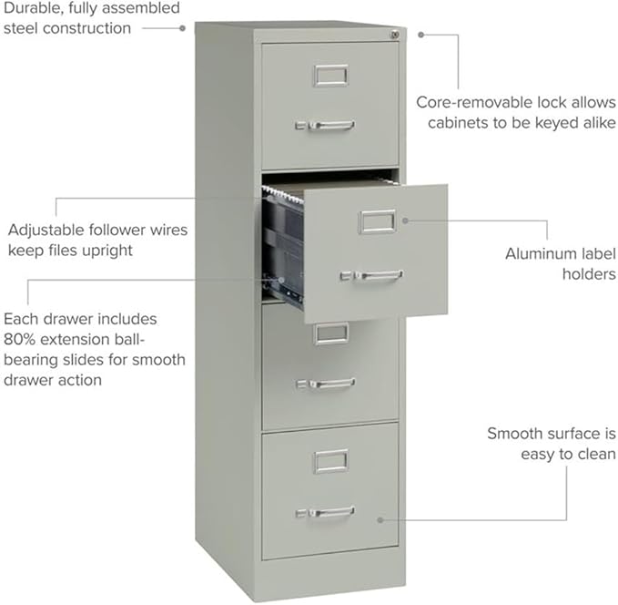 Pemberly Row 4-Drawer Vertical Filing Cabinet, 22 in Deep Metal Construction, Light Gray Finish, Commercial Grade with Lock, Ball-Bearing Suspension, Letter-Size File Storage for Office or Home Use