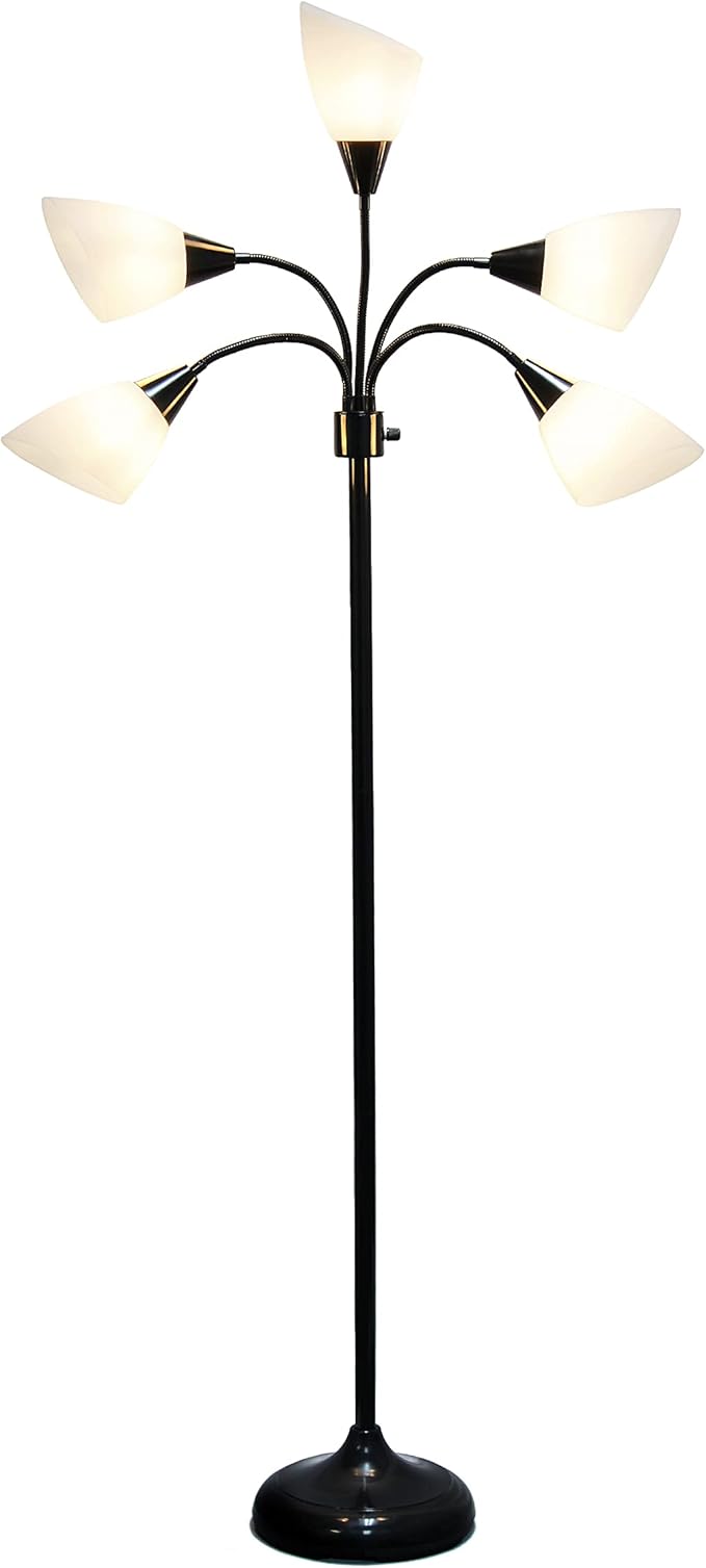 Simple Designs LF2006-BAW 67" Contemporary Multi Head Medusa 5 Light Adjustable Gooseneck Black Floor Lamp with White Shades for Kids Bedroom Playroom Living Room Office (Pack of 2)