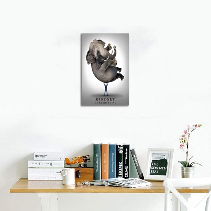 Office Wall Art Motivational Posters Businessman Lifting An Elephant Canvas Painting Pictures Mindset is Everything Print Poster Artwork Wooden Framed Home Decor for Living Room Bedroom-12 Wx16 H