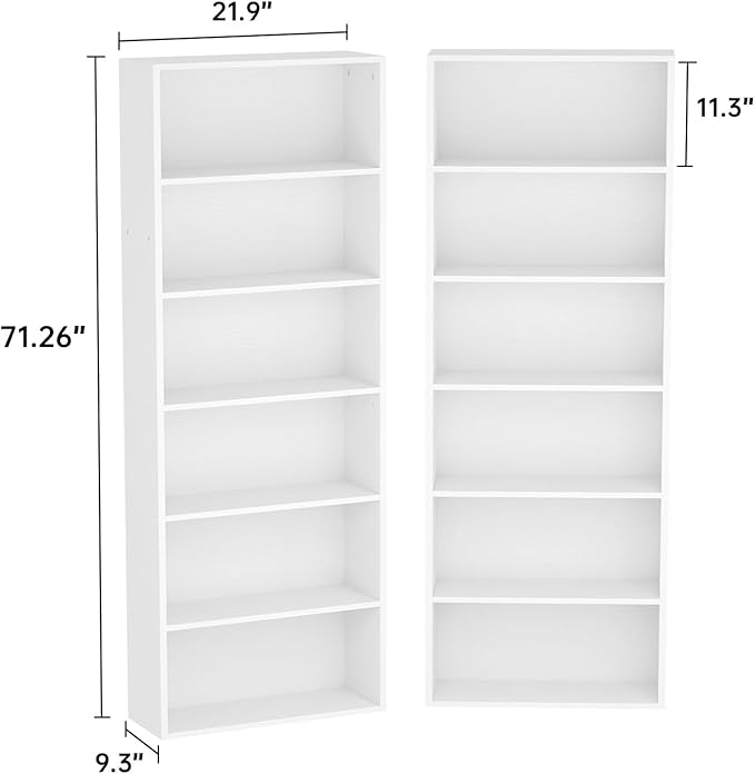 6-Tier Bookshelf & Bookcase Set of 2, Floor Standing Open Book Shelf, Wooden Display Storage Shelves with Anti-Tipping Device, 71" Tall Bookshelves for Bedroom, Living Room and Office, White