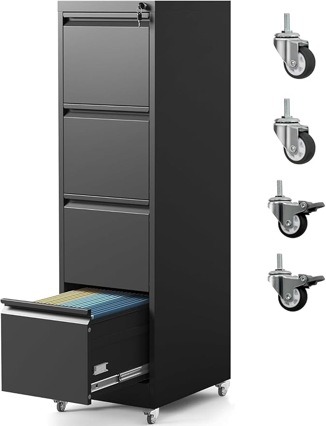 4 Drawer File Cabinet with Wheels, Metal Filing Cabinet with Lock and Wheels, Rolling Filing Storage Home Office, Vertical File Cabinets for Hanging Legal/Letter Size Files, Assembly Required, Black