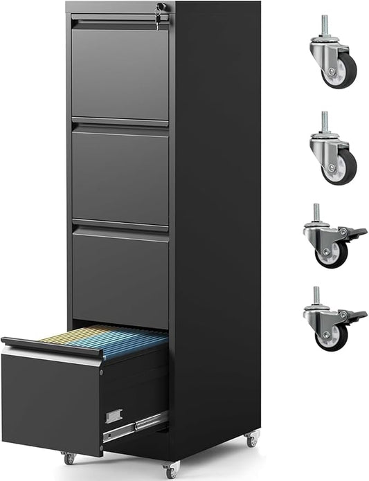 4 Drawer File Cabinet with Wheels, Metal Filing Cabinet with Lock and Wheels, Rolling Filing Storage Home Office, Vertical File Cabinets for Hanging Legal/Letter Size Files, Assembly Required, Black