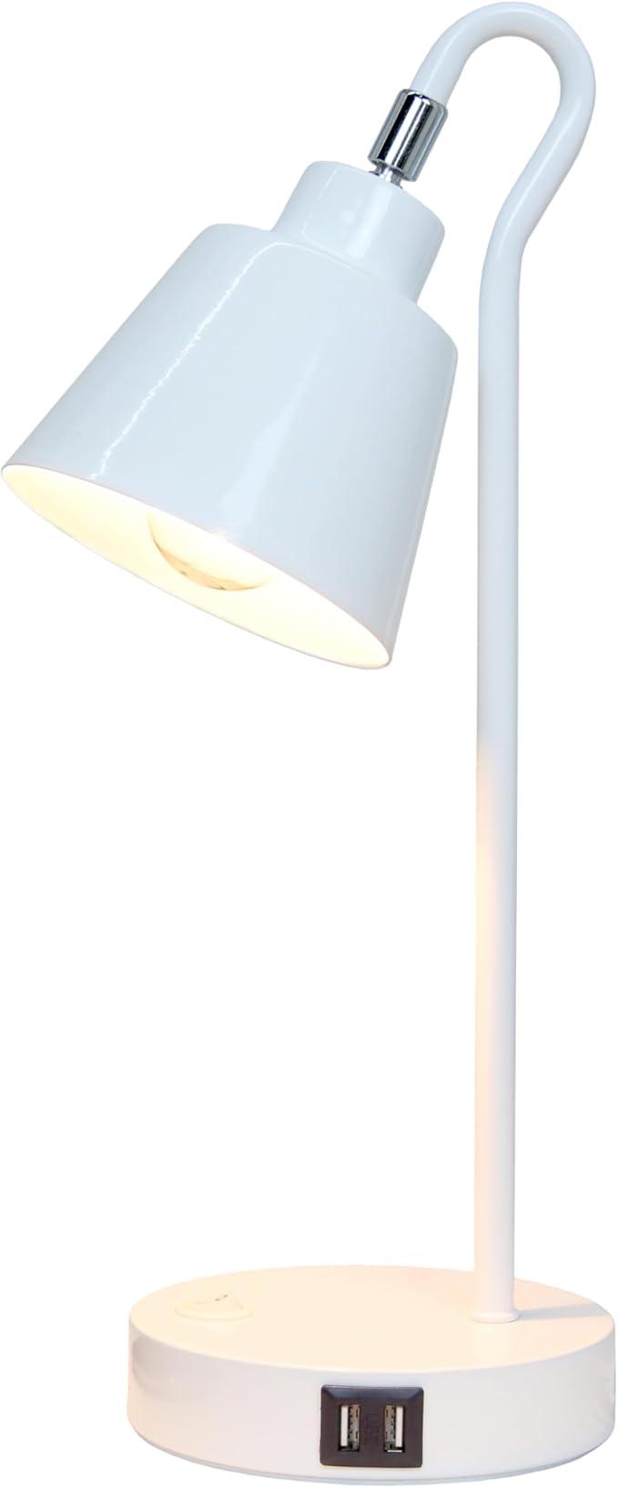 Simple Designs LD1073-WHT 16" Sleek Essentials Metal Looped Desk Task Lamp with Adjustable Shade and Dual USB Ports, for Office, Desk, Nightstand, White