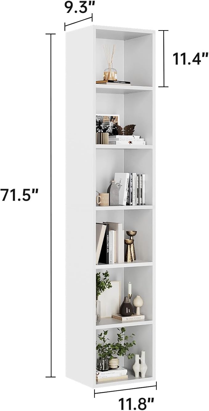 MXV Narrow Bookshelf, 6-Tier Open Bookcase, Coner Shelf, Storage Shelves, Display Storage Shelves, Floor Standing Unit, Home Decor, Furniture for Home Office, Living Room, Bedroom, White