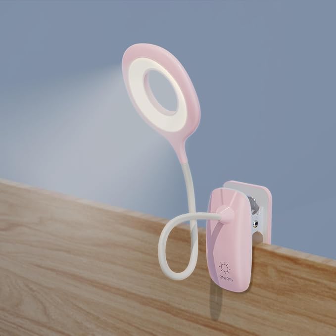 Clip On Reading Light, USB Rechargeable Desk Lamp for Dorm Room Essential, Clip On Light, 3 Color Touch Dimmable, Eye Protect, Pink